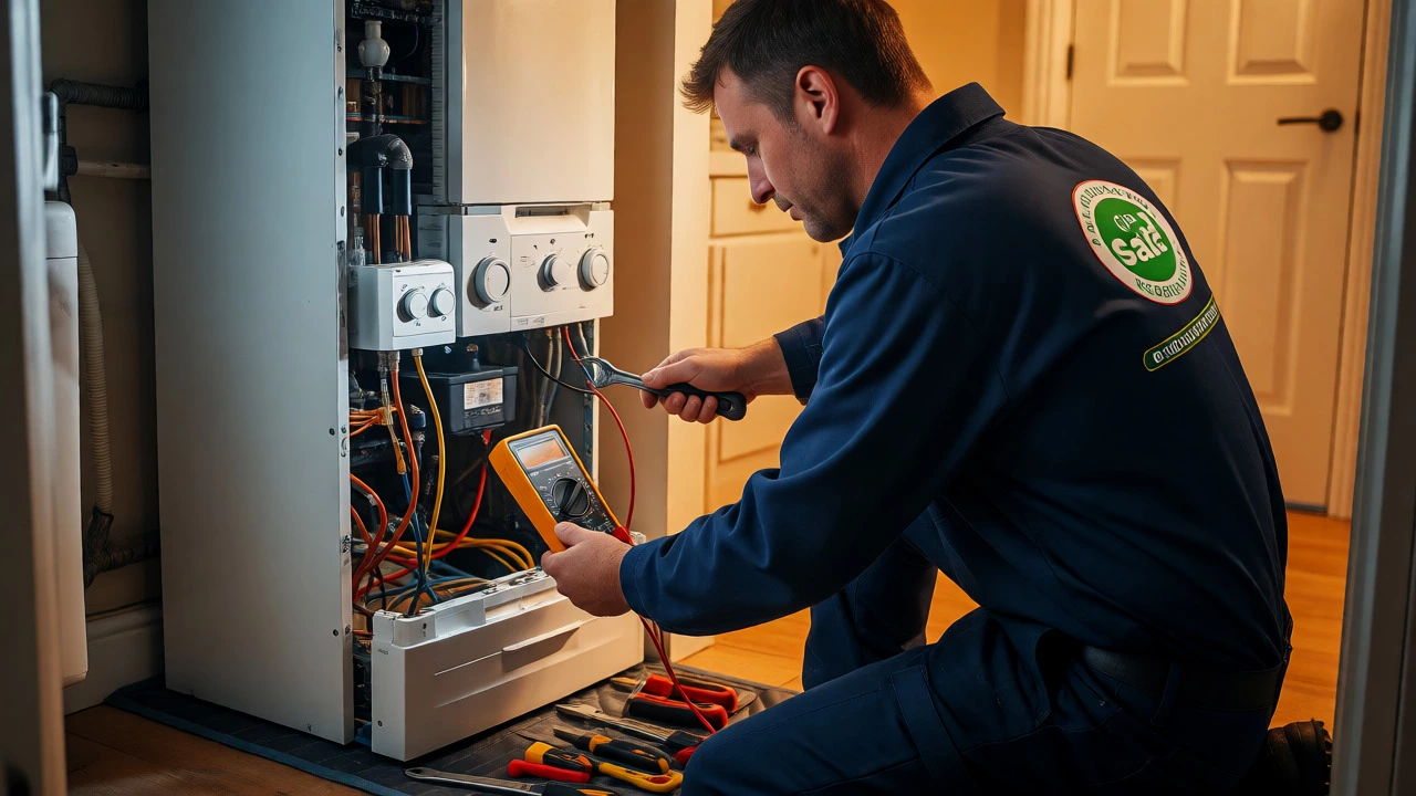 Gas Safe engineer repairing a boiler with tools and multimeter in a home.