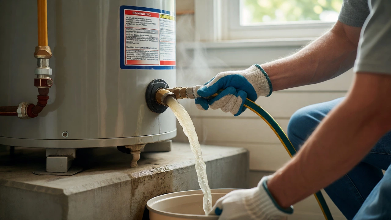 Homeowner flushing sediment from a water heater via a drain hose