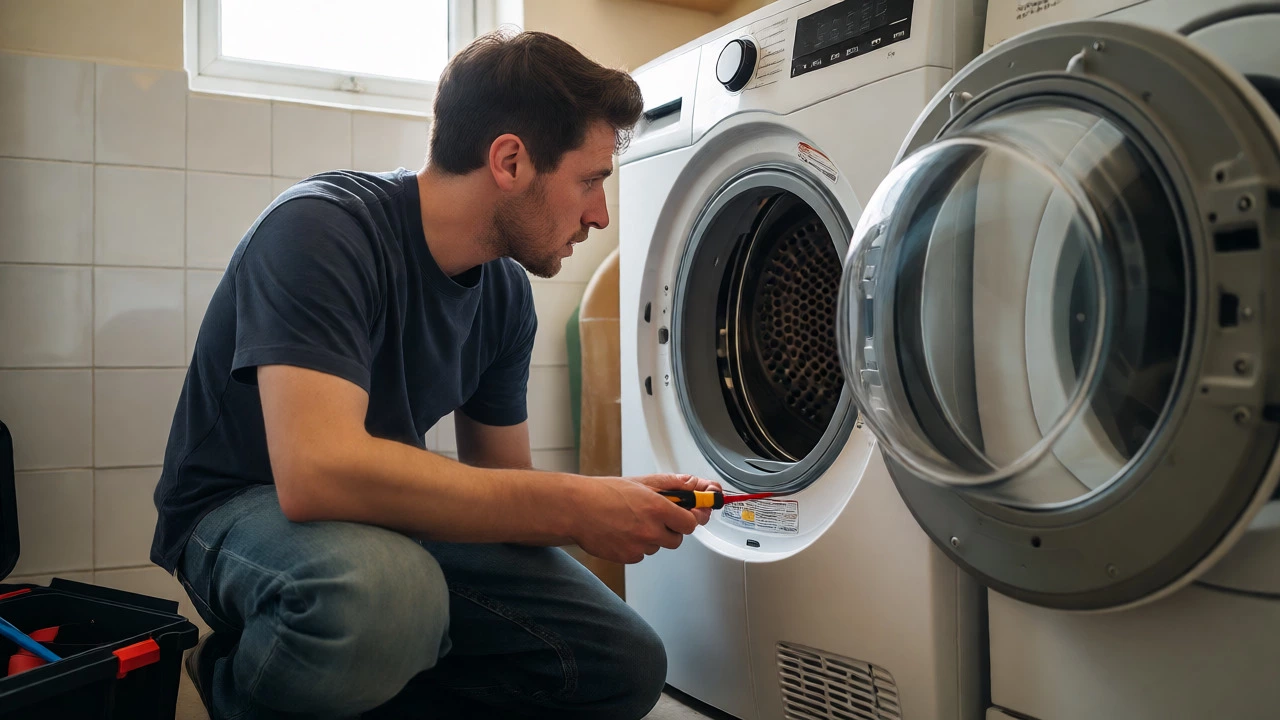 Homeowner inspecting the inside of a tumble dryer for repairs