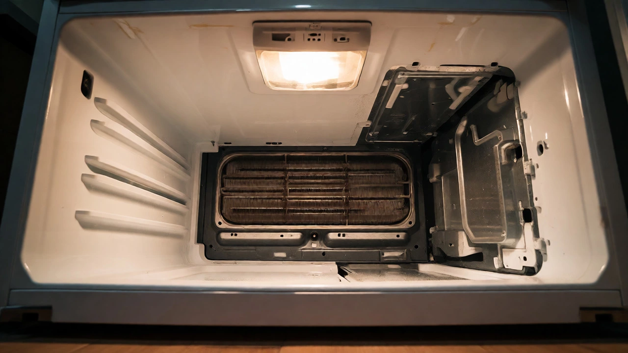 Interior of a fridge with panels removed revealing evaporator coils during repair.