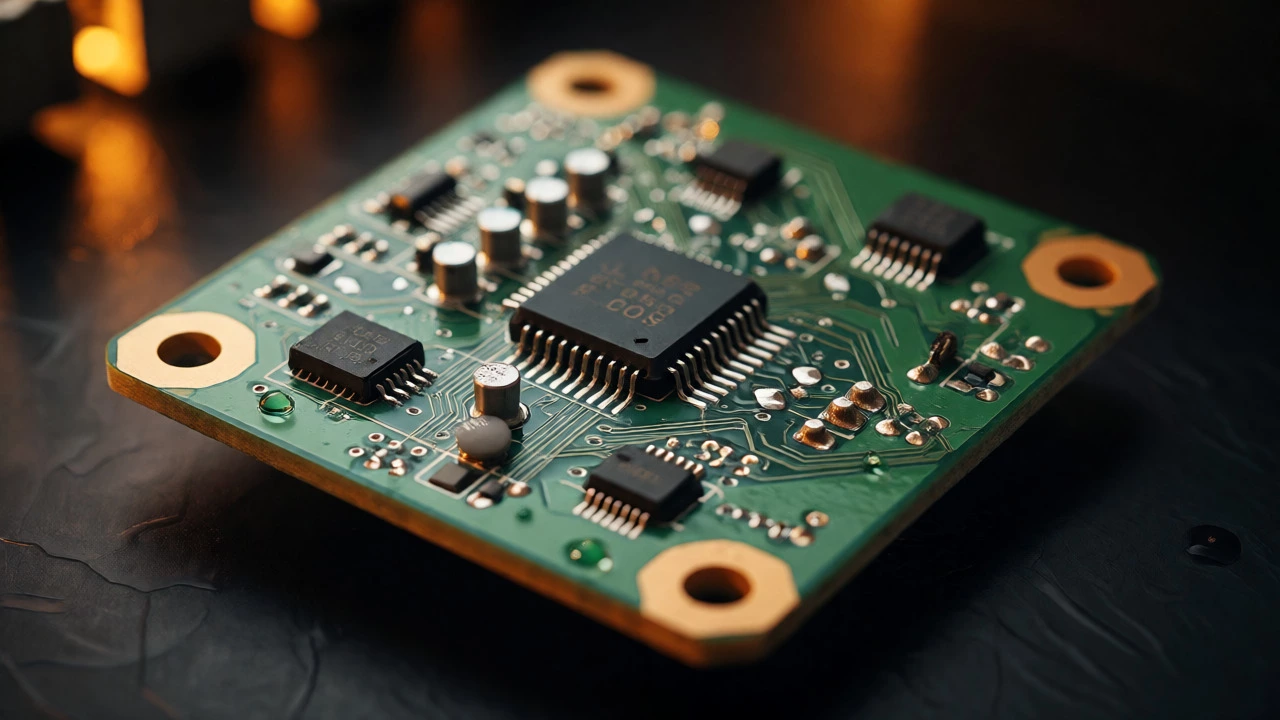 Macro shot of a refrigerator control board circuit with microchips and capacitors.