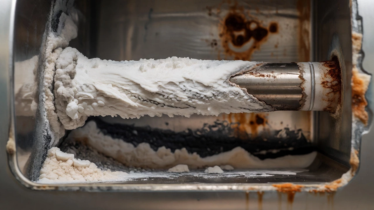 Macro view of corroded anode rod and sediment inside a water heater tank