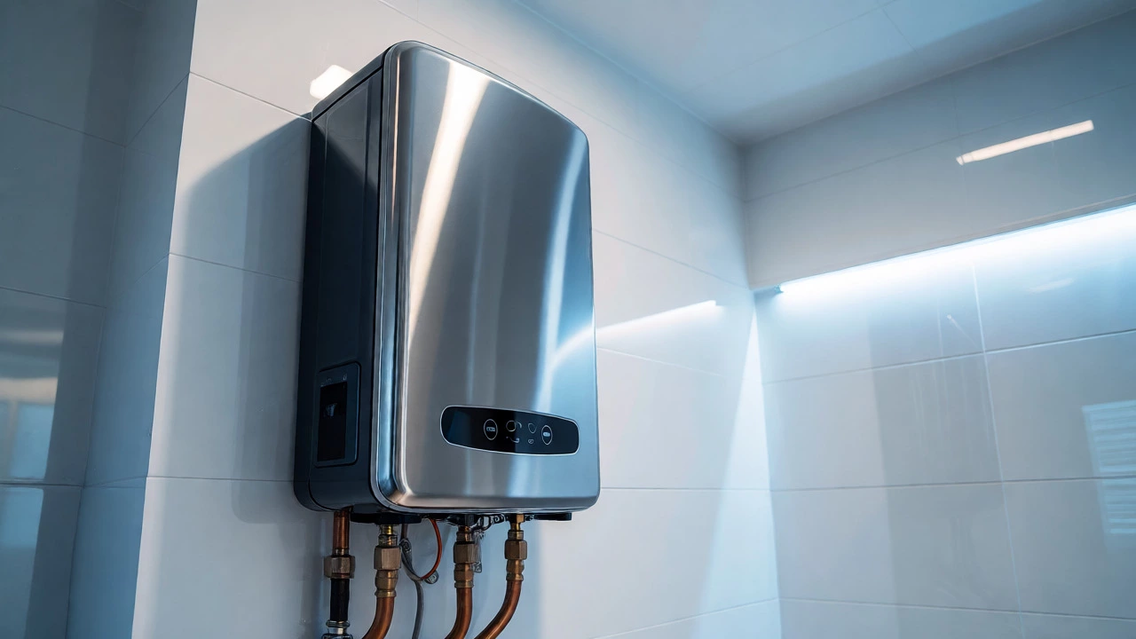 Modern tankless water heater mounted on a clean white wall