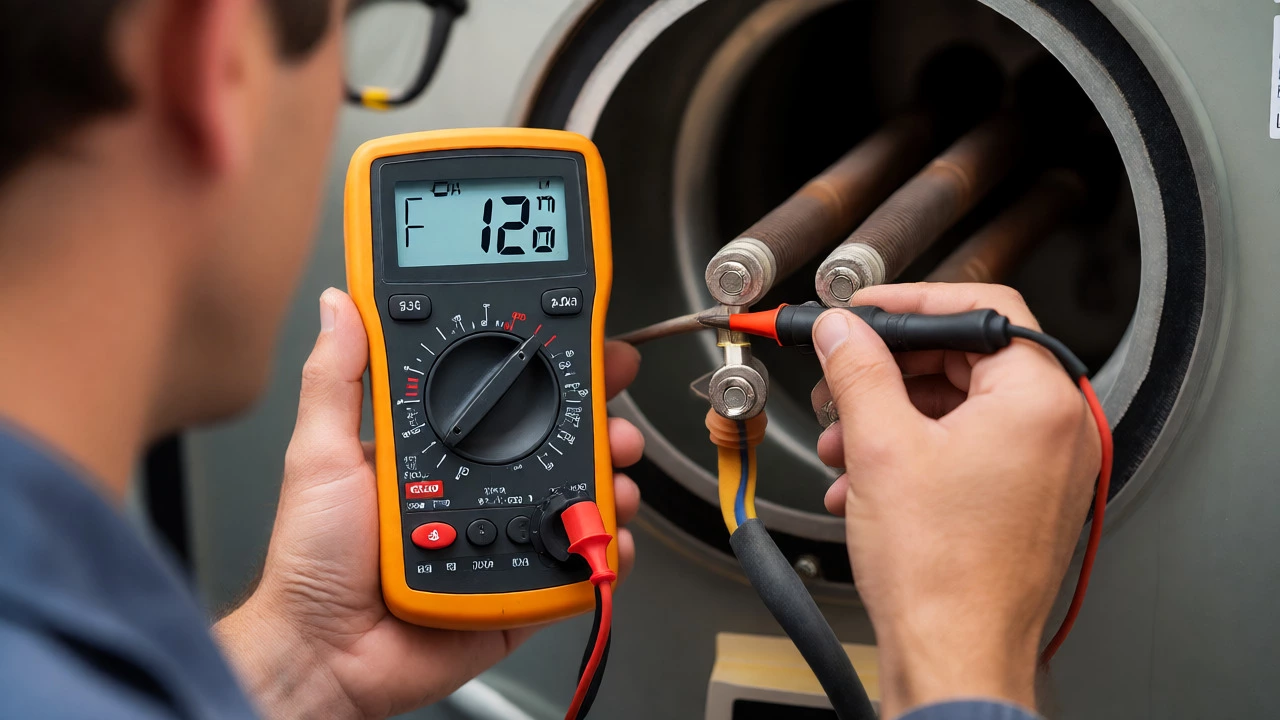 Multimeter testing resistance on water heater element terminals