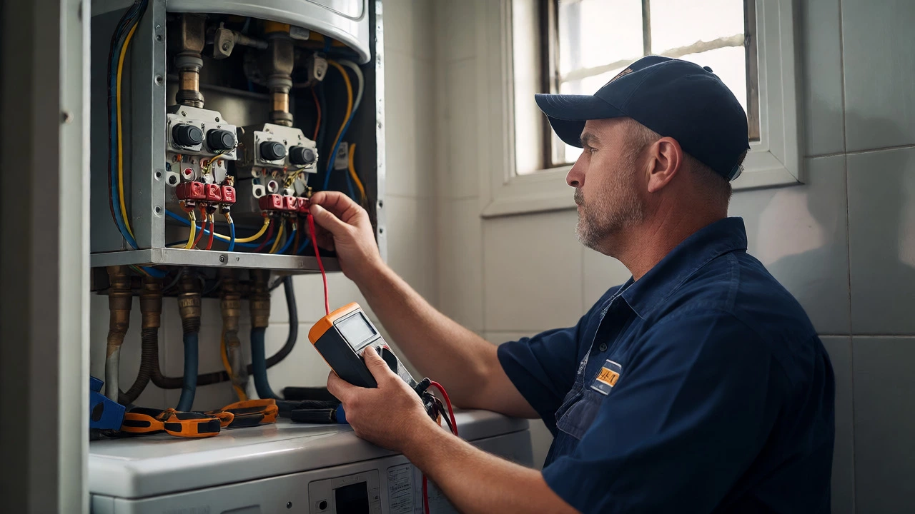 Plumber using multimeter to diagnose electric heater