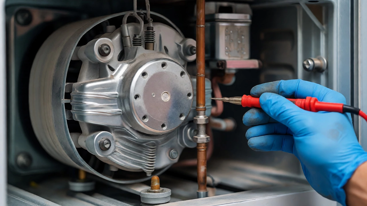 Technician diagnosing a freezer compressor with a multimeter tool
