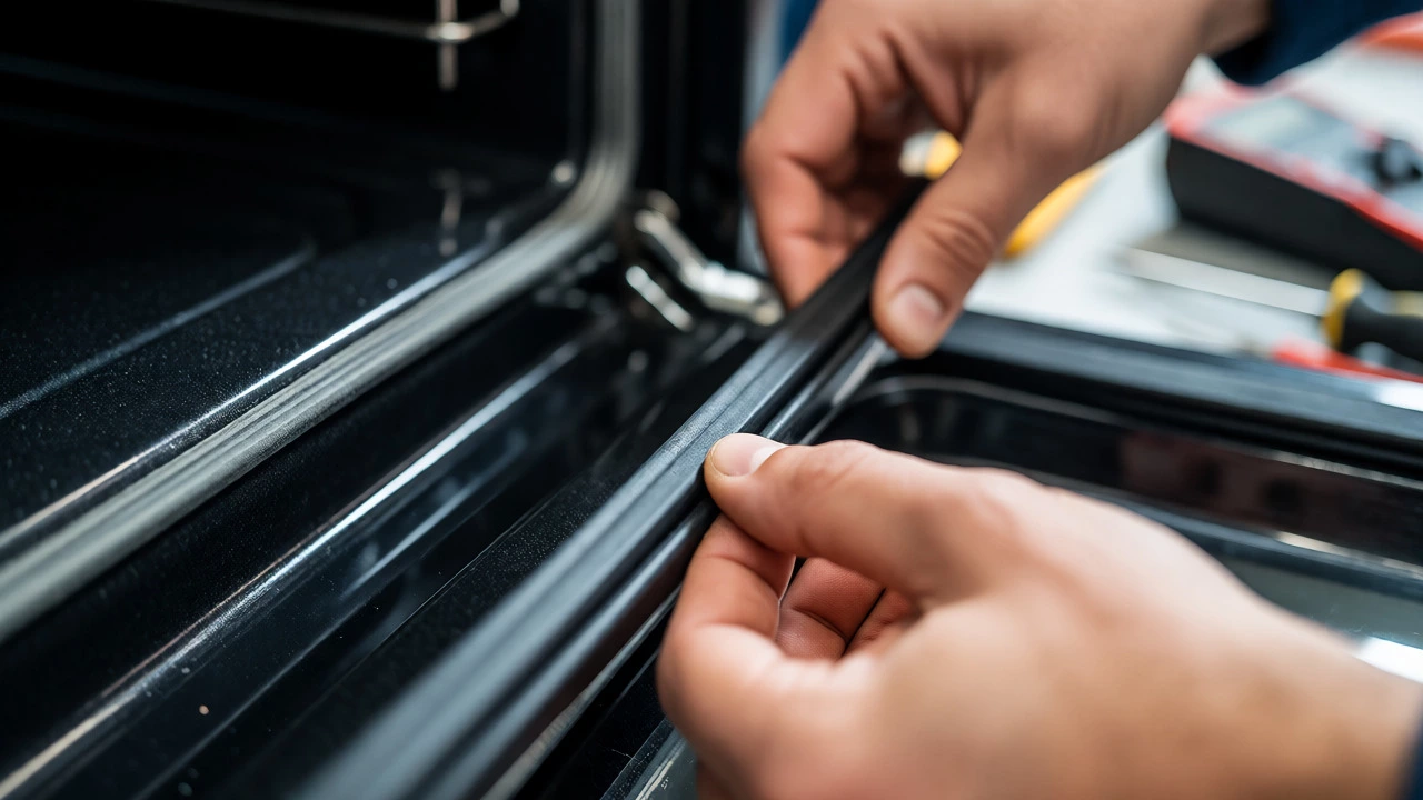 Technician inspecting and replacing the rubber door seal gasket of an electric oven.
