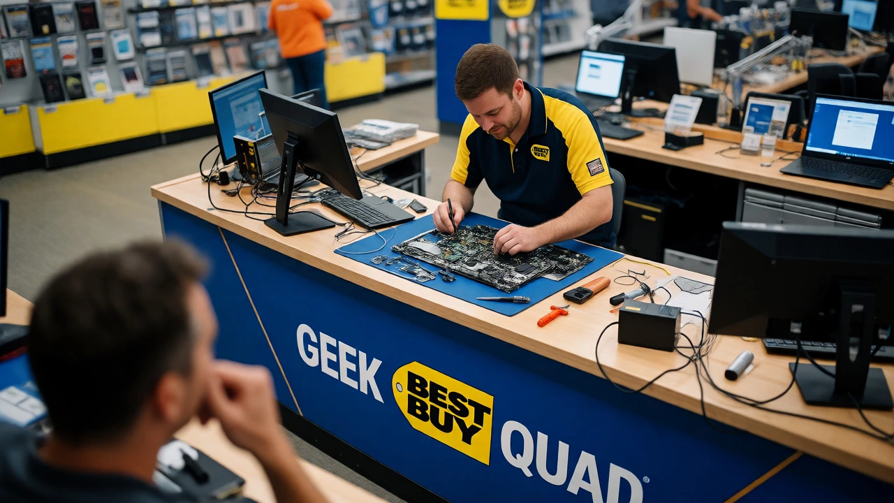 Technician repairing a laptop at a retail service counter