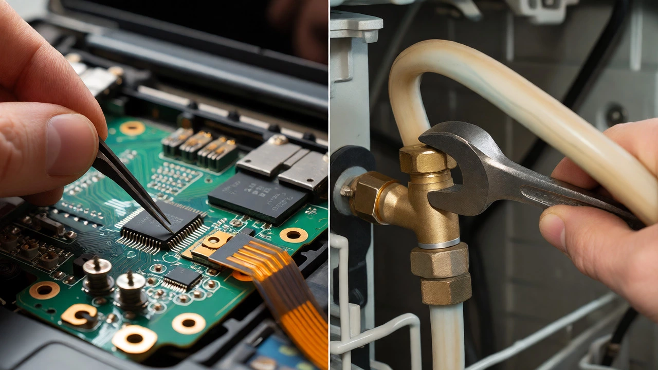Technician repairing a laptop circuit board alongside fixing a dishwasher water valve.