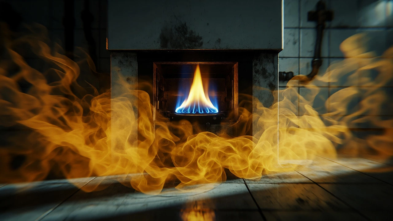 Yellow gas swirling around a boiler with a dangerous yellow flame indicating CO leak.